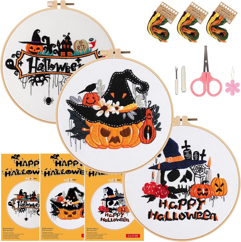 COCOMOX Halloween Embroidery kit for Beginners, 3 Set Gothic Cross Stitch Kits Pumpkin Pattern Needlepoint Craft Kit for Adults, DIY Gift - Image 1